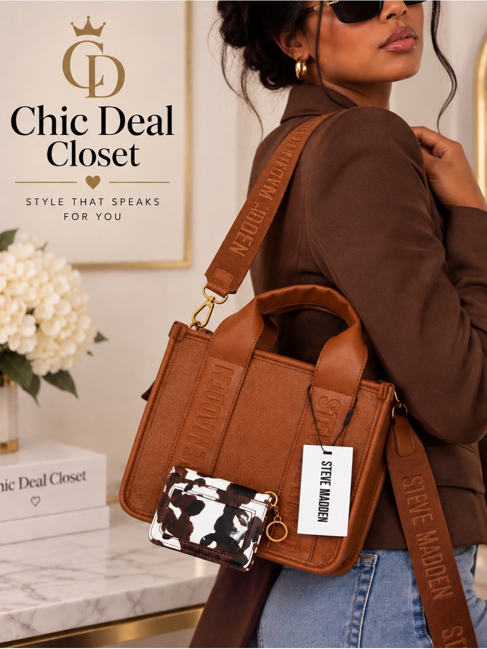 Steve Madden Tan Brown Leather Satchel with Cowhide Accent